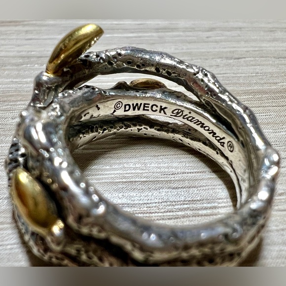 Stephen Dweck Diamonds Sterling Silver & Gold Triple Fortuna Branch Ring, Size 5 - Picture 7 of 10